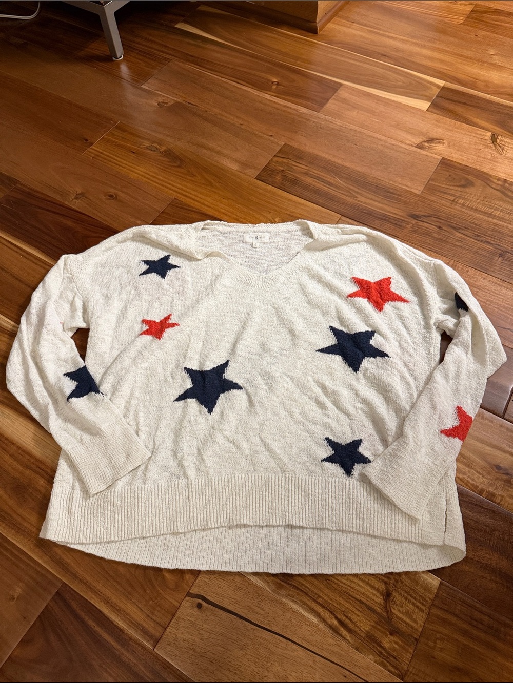Lou & Grey Cream V-Neck Sweater with Red and Navy Stars